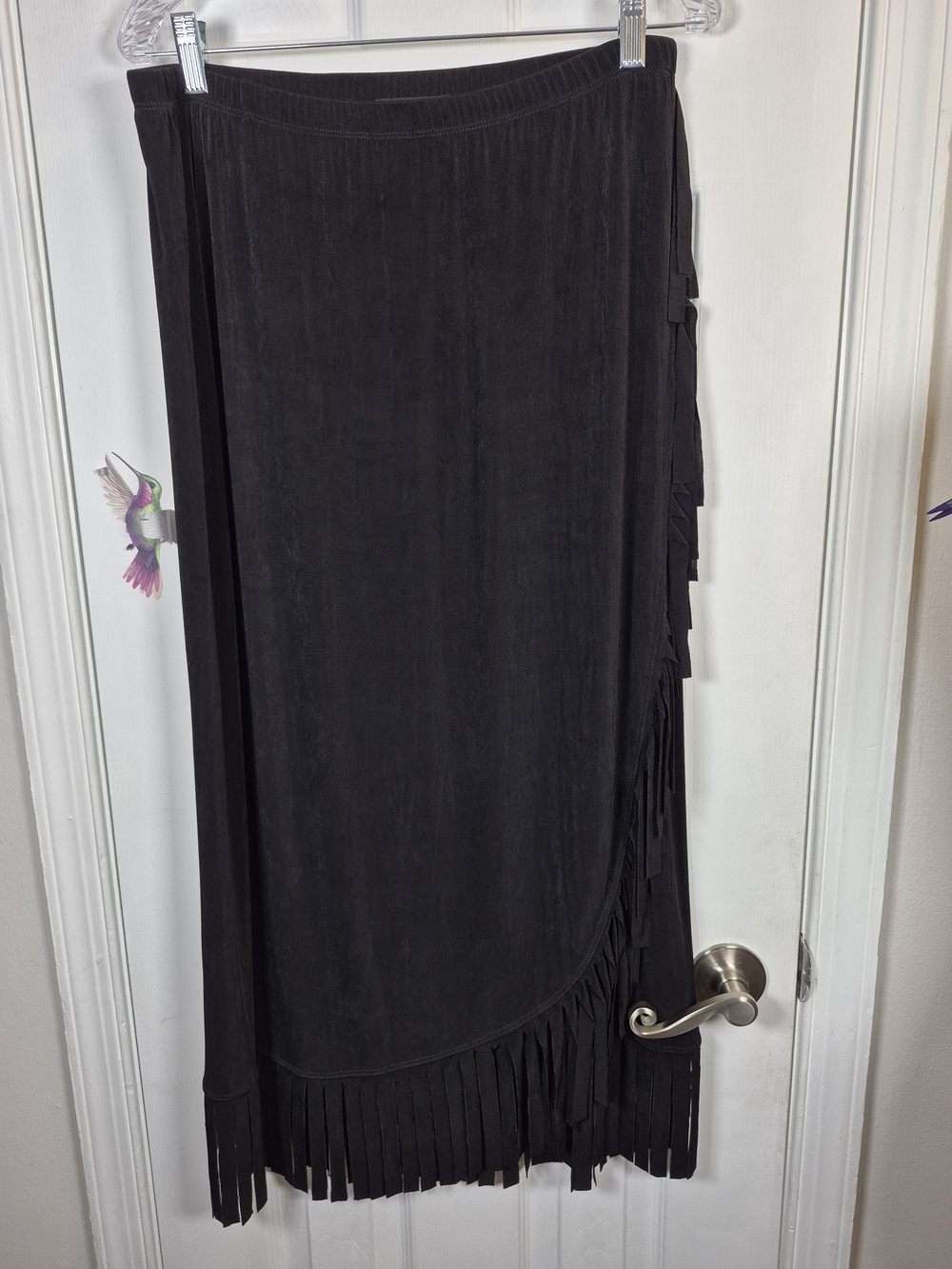 Chico's Travelers Black Fringe Faux Wrap Maxi Skirt Whimsigoth Size 2 Large